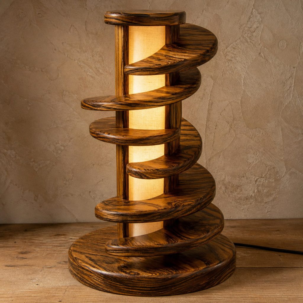 Bocote Spiral-Staircase Tower shown as an original square photorealistic bocote lamp with natural golden brown with dark chocolate figure grain, distinctive construction, and warm diffused light