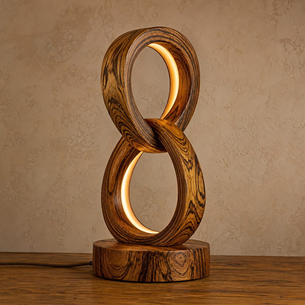 Bocote Double-Loop Lamp shown as an original square photorealistic bocote lamp with natural golden brown with dark chocolate figure grain, distinctive construction, and warm diffused light