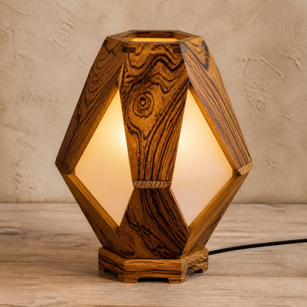 Bocote Faceted-Gemstone Lamp shown as an original square photorealistic bocote lamp with natural golden brown with dark chocolate figure grain, distinctive construction, and warm diffused light