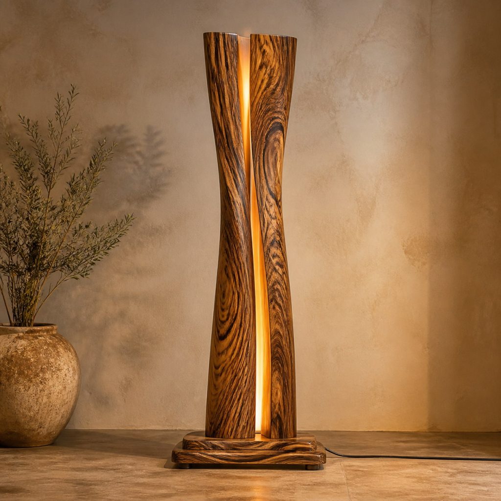 Bocote Tall Split-Column Lamp shown as an original square photorealistic bocote lamp with natural golden brown with dark chocolate figure grain, distinctive construction, and warm diffused light