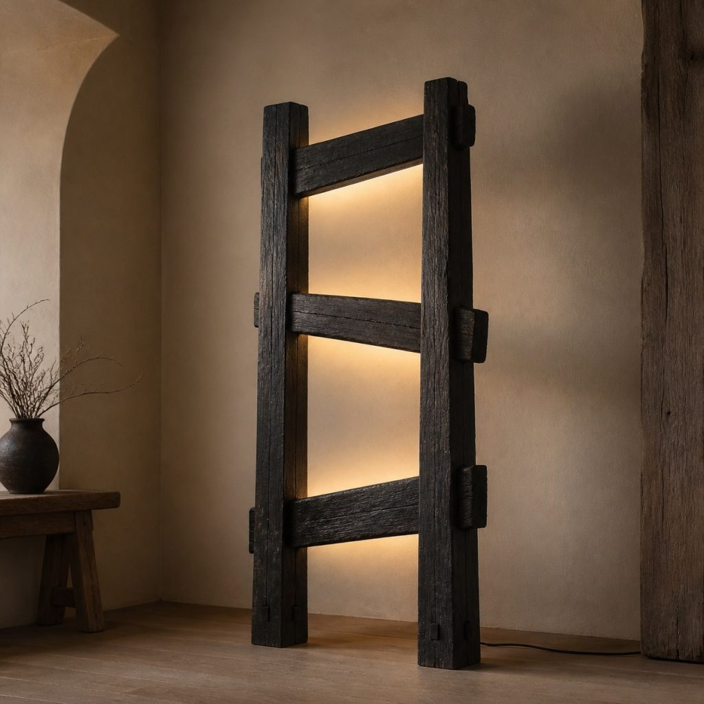 Bog Oak Mortise-Frame Lamp shown as an original square photorealistic bog oak lamp with natural charcoal-brown to near-black grain, distinctive construction, and warm diffused light
