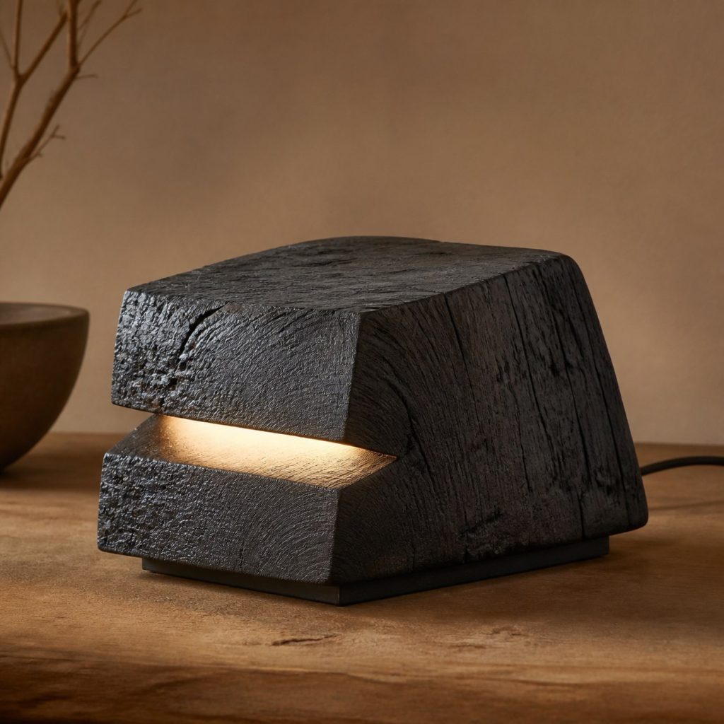 Bog Oak Notched Monolith shown as an original square photorealistic bog oak lamp with natural charcoal-brown to near-black grain, distinctive construction, and warm diffused light