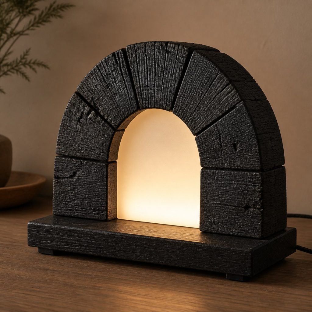 Bog Oak Keyed-Arch Lamp shown as an original square photorealistic bog oak lamp with natural charcoal-brown to near-black grain, distinctive construction, and warm diffused light