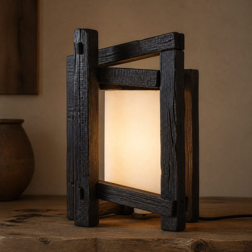 Bog Oak Beam Lantern shown as an original square photorealistic bog oak lamp with natural charcoal-brown to near-black grain, distinctive construction, and warm diffused light