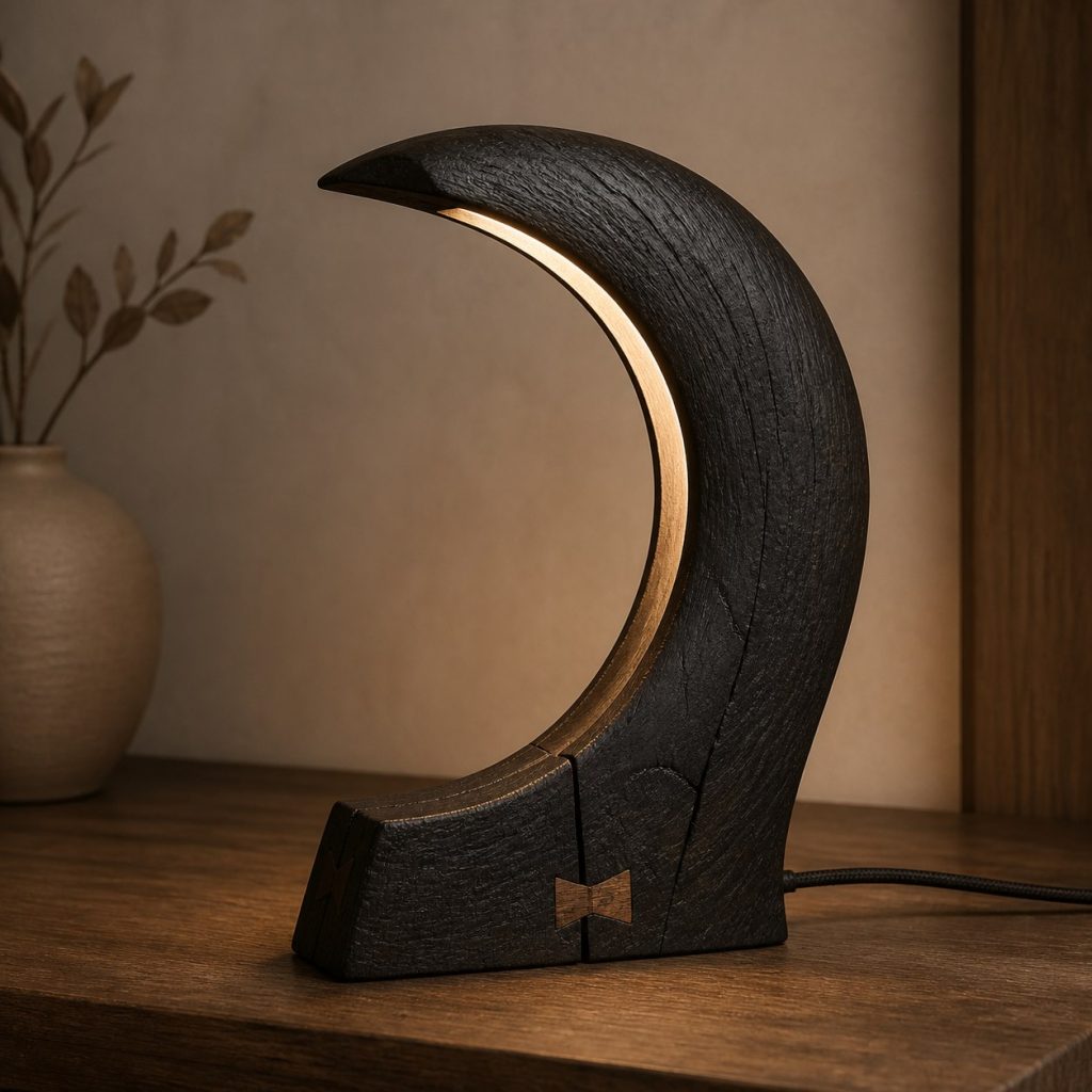 Bog Oak Crescent Lamp shown as an original square photorealistic bog oak lamp with natural charcoal-brown to near-black grain, distinctive construction, and warm diffused light