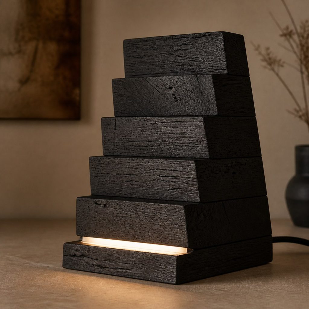 Bog Oak Stepped-Wedge Lamp shown as an original square photorealistic bog oak lamp with natural charcoal-brown to near-black grain, distinctive construction, and warm diffused light