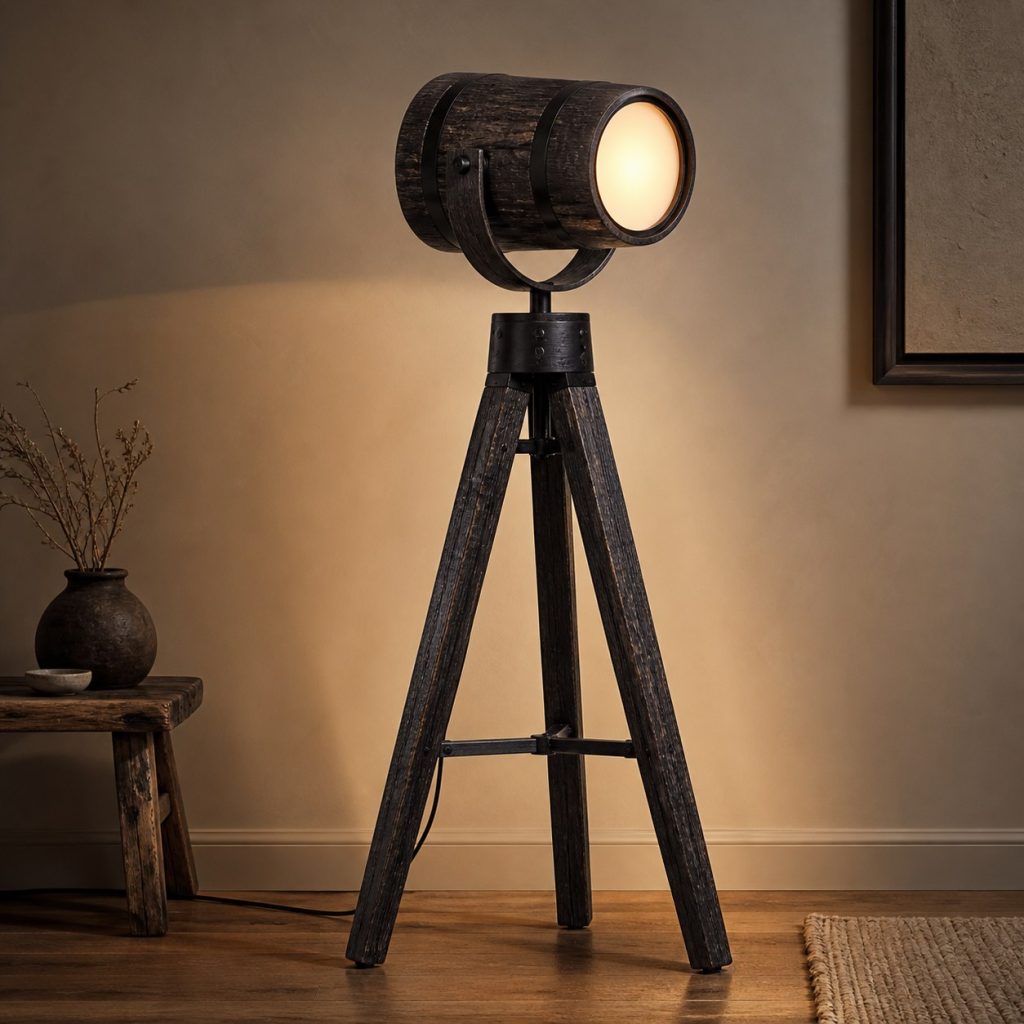 Bog Oak Tripod Floor Lamp shown as an original square photorealistic bog oak lamp with natural charcoal-brown to near-black grain, distinctive construction, and warm diffused light