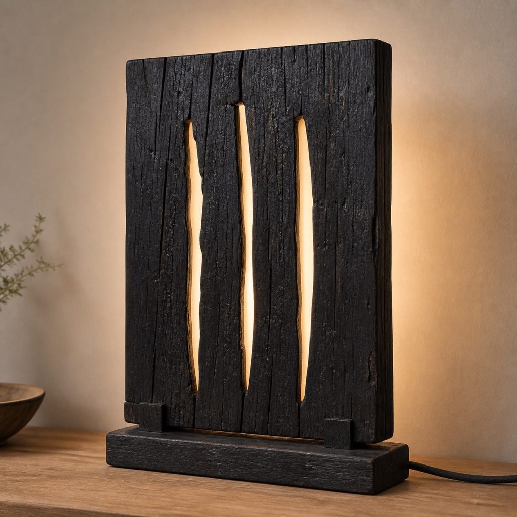 Bog Oak Window-Slot Sconce shown as an original square photorealistic bog oak lamp with natural charcoal-brown to near-black grain, distinctive construction, and warm diffused light