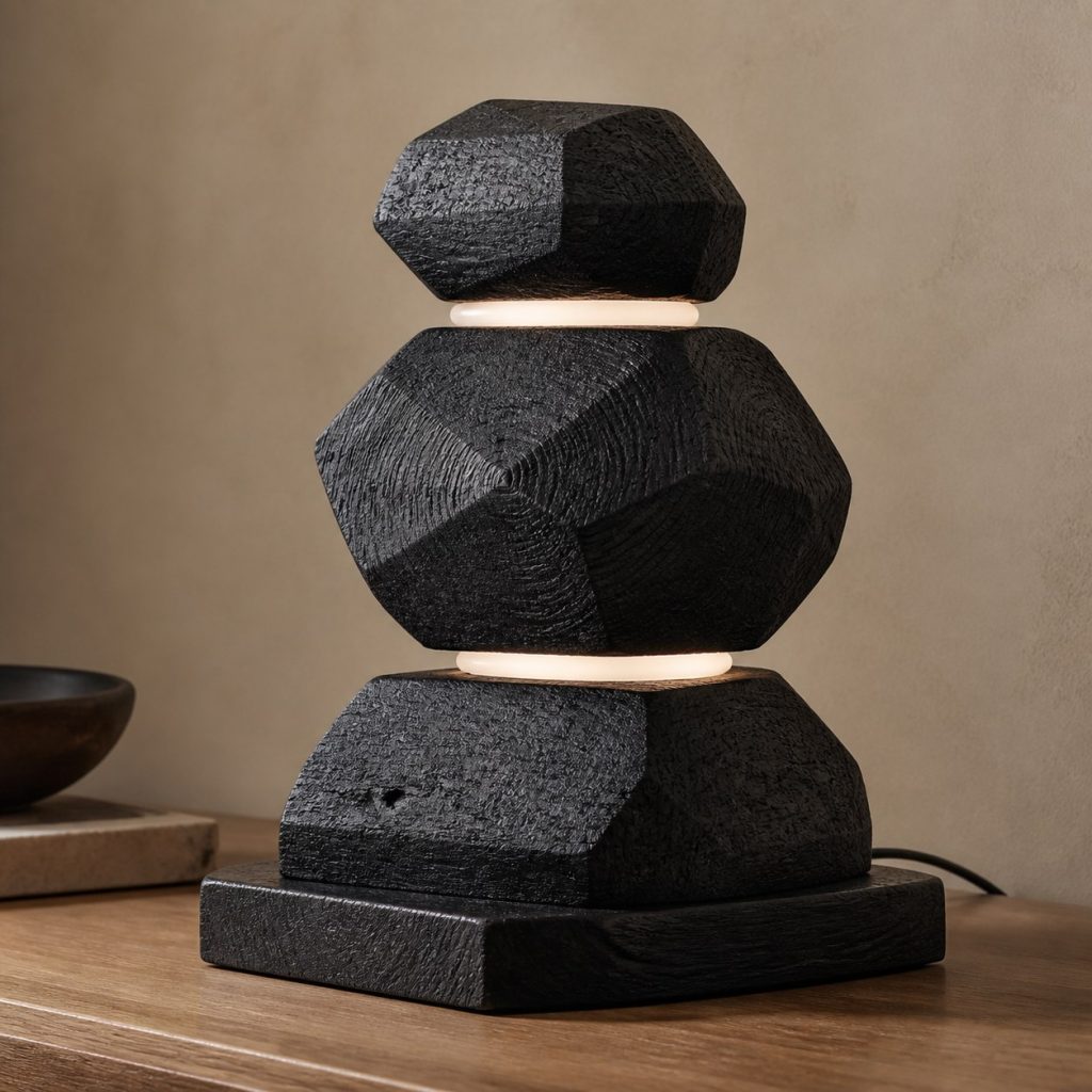 Bog Oak Faceted Stack Lamp shown as an original square photorealistic bog oak lamp with natural charcoal-brown to near-black grain, distinctive construction, and warm diffused light