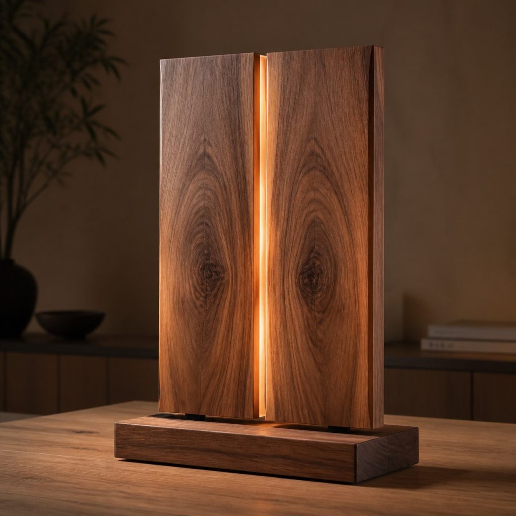 Bookmatched Walnut Light-Seam Lamp shown as an original square photorealistic bookmatched wood lamp dominated by authentic wood texture and warm diffused light