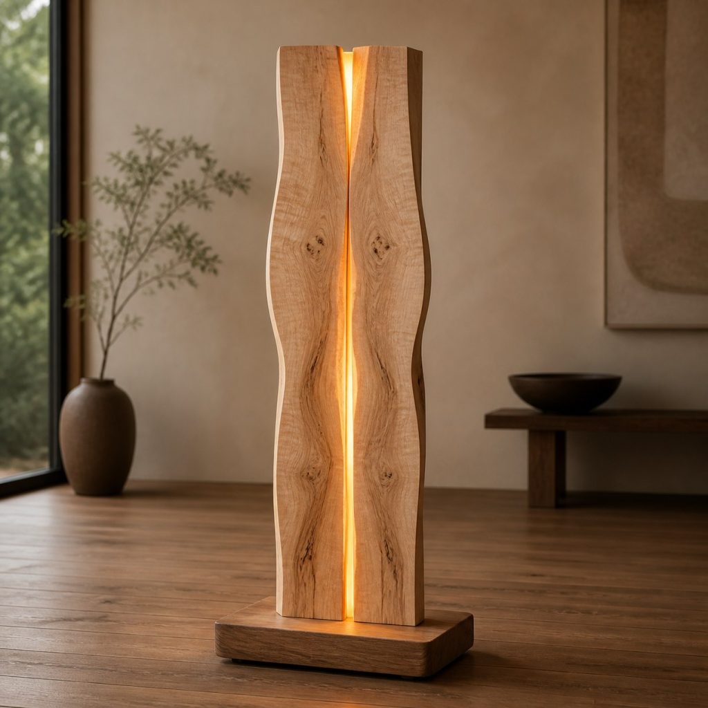 Bookmatched Maple Slab Floor Lamp shown as an original square photorealistic bookmatched wood lamp dominated by authentic wood texture and warm diffused light