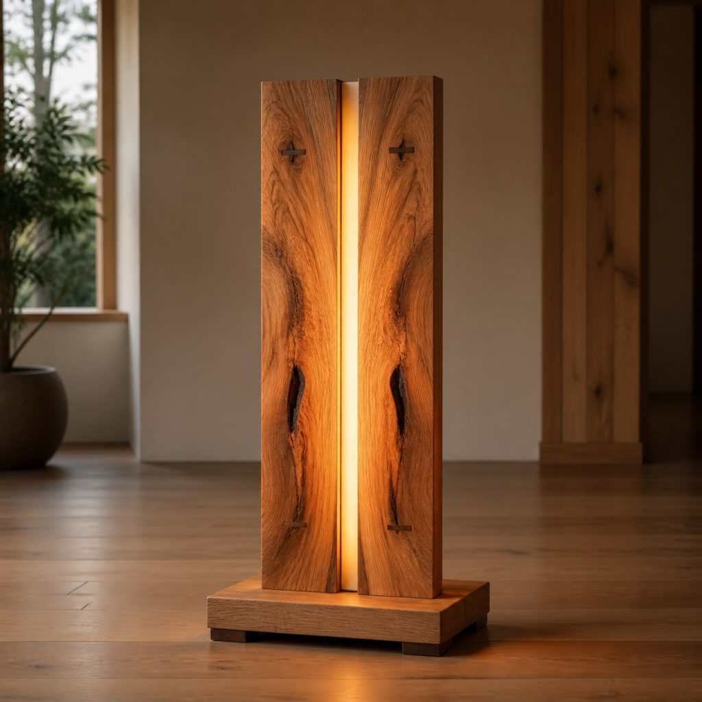Bookmatched Oak Butterfly Lantern shown as an original square photorealistic bookmatched wood lamp dominated by authentic wood texture and warm diffused light