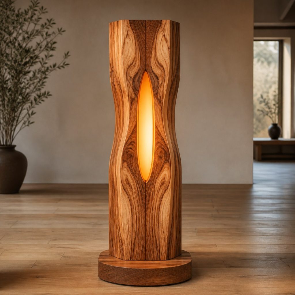 Bookmatched Olive-Wood Accent Lamp shown as an original square photorealistic bookmatched wood lamp dominated by authentic wood texture and warm diffused light
