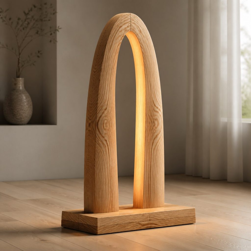 Bookmatched Ash Arch Lamp shown as an original square photorealistic bookmatched wood lamp dominated by authentic wood texture and warm diffused light