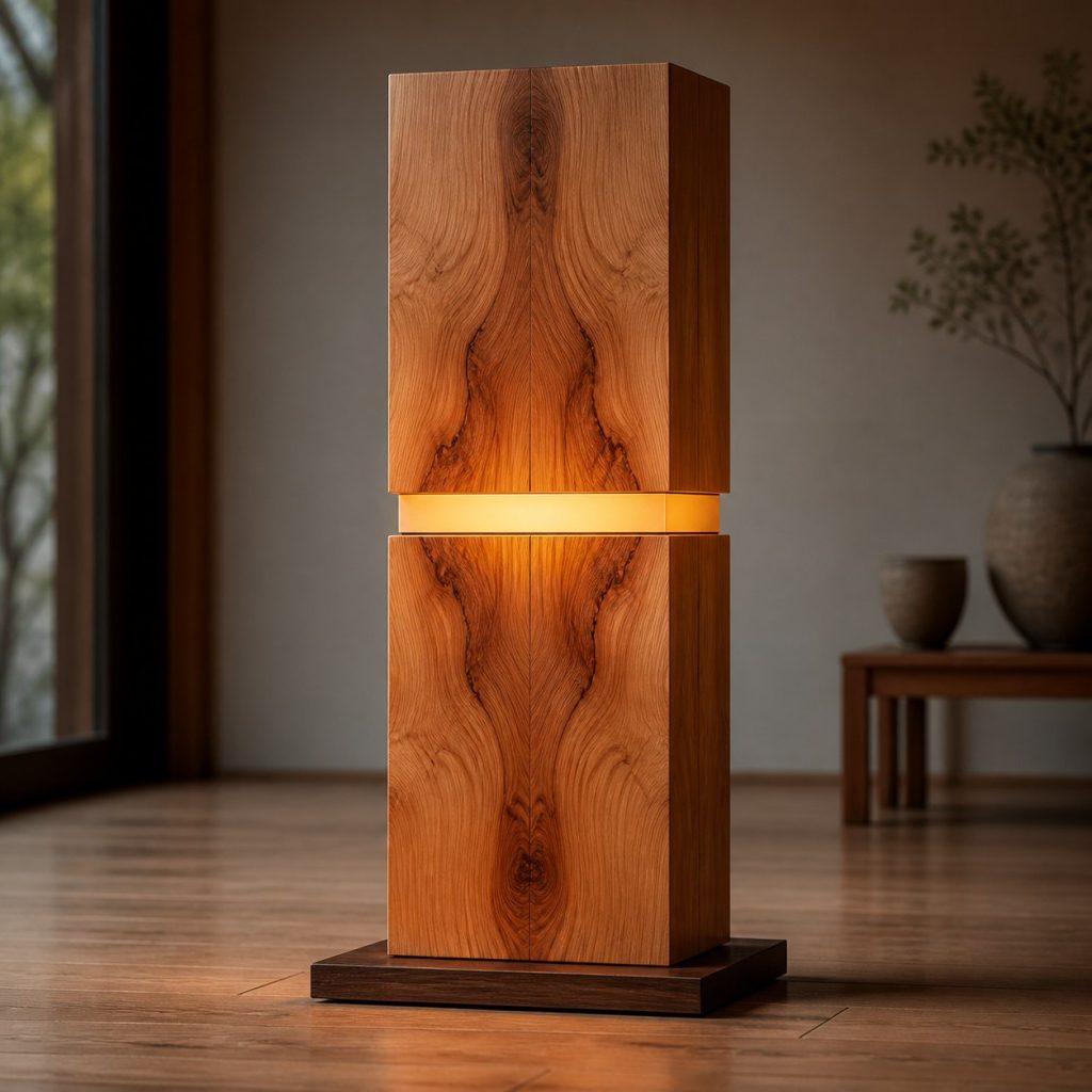 Bookmatched Cherry Light-Band Lamp shown as an original square photorealistic bookmatched wood lamp dominated by authentic wood texture and warm diffused light