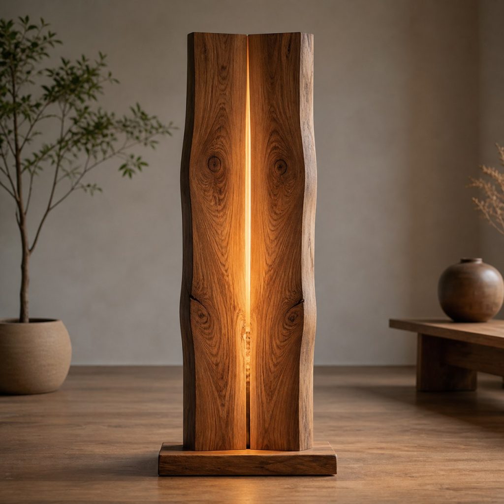 Bookmatched Elm Floor Column shown as an original square photorealistic bookmatched wood lamp dominated by authentic wood texture and warm diffused light