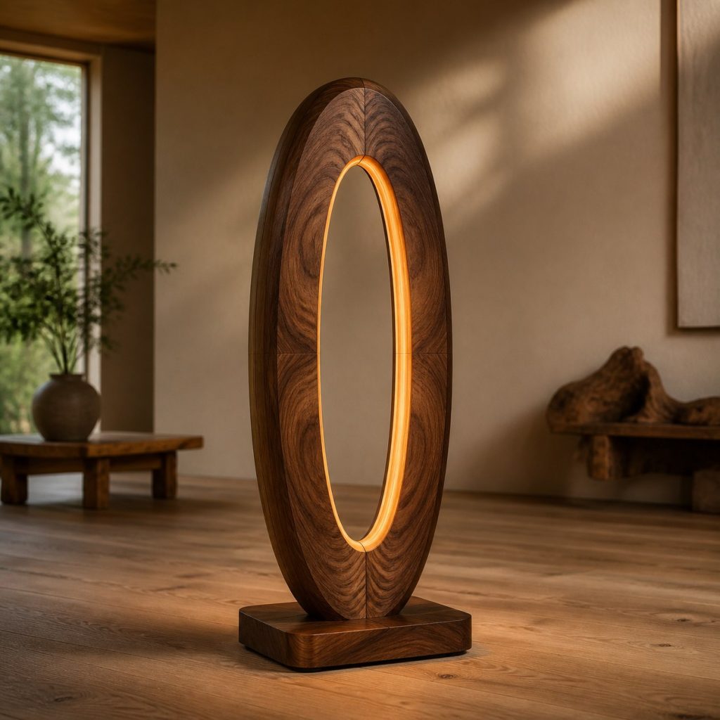 Bookmatched Walnut Ring Lamp shown as an original square photorealistic bookmatched wood lamp dominated by authentic wood texture and warm diffused light