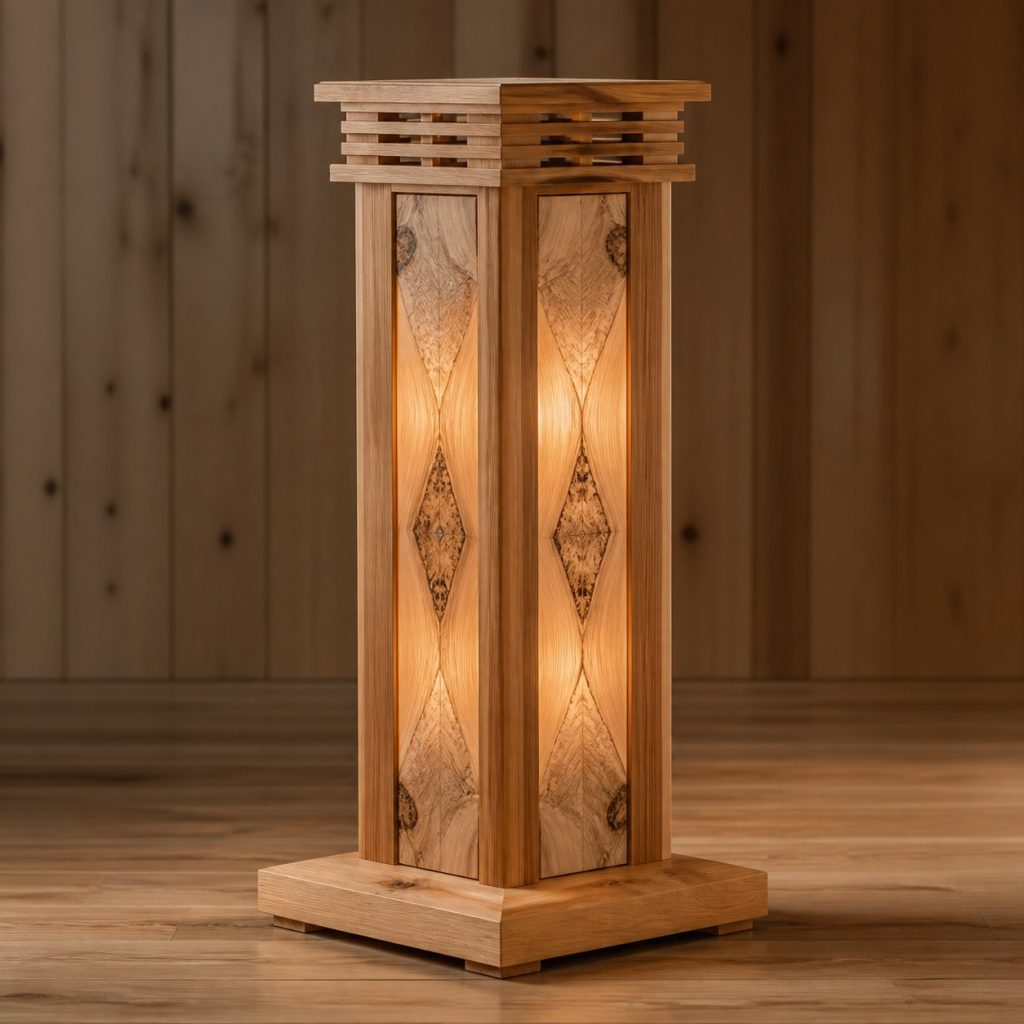 Four-Panel Bookmatched Maple Lantern shown as an original square photorealistic bookmatched wood lamp dominated by authentic wood texture and warm diffused light