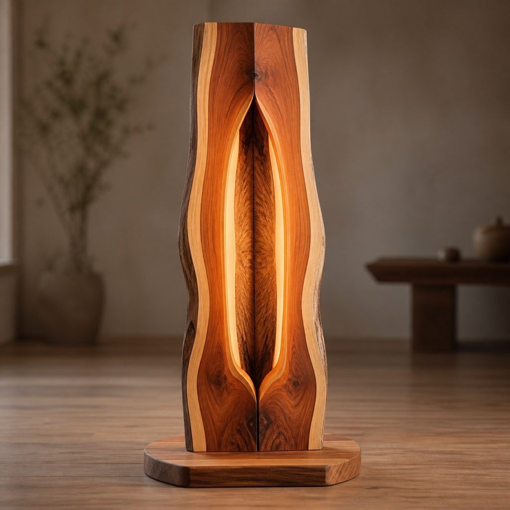 Bookmatched Cedar Crescent Lamp shown as an original square photorealistic bookmatched wood lamp dominated by authentic wood texture and warm diffused light