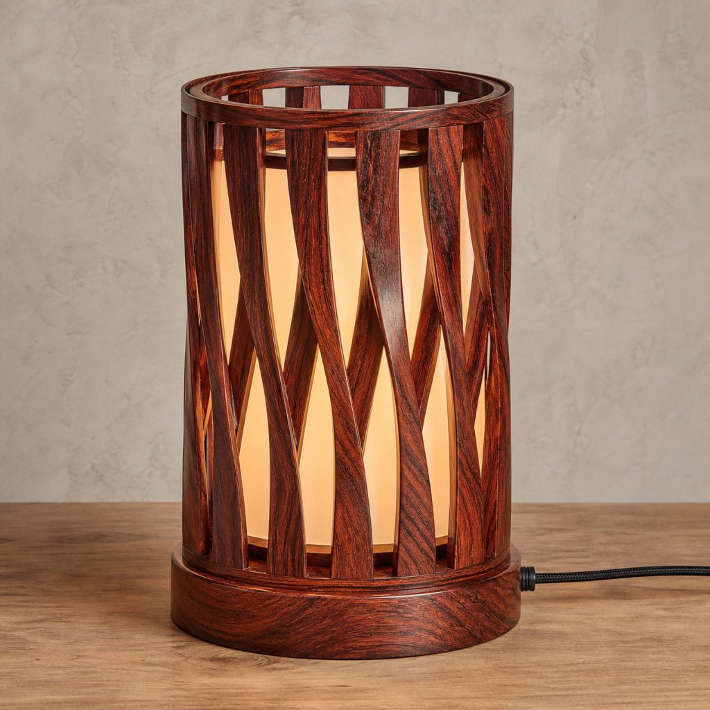 Bubinga Woven-Cylinder Lamp shown as an original square photorealistic bubinga wood lamp with natural rose-red to reddish-brown grain, distinctive construction, and warm diffused light