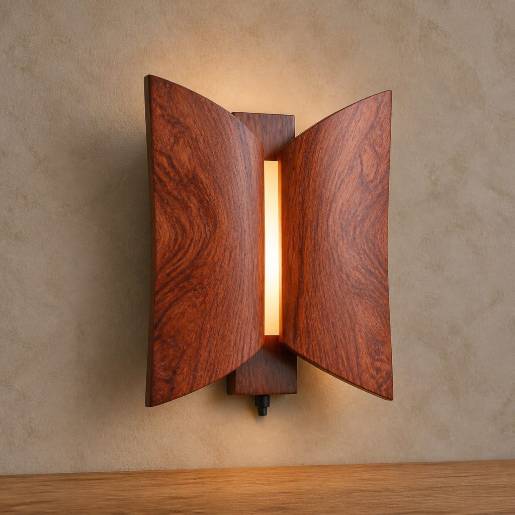 Bubinga Folded-Wing Sconce shown as an original square photorealistic bubinga wood lamp with natural rose-red to reddish-brown grain, distinctive construction, and warm diffused light