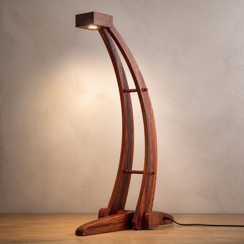 Bubinga Bow-Rail Floor Lamp shown as an original square photorealistic bubinga wood lamp with natural rose-red to reddish-brown grain, distinctive construction, and warm diffused light