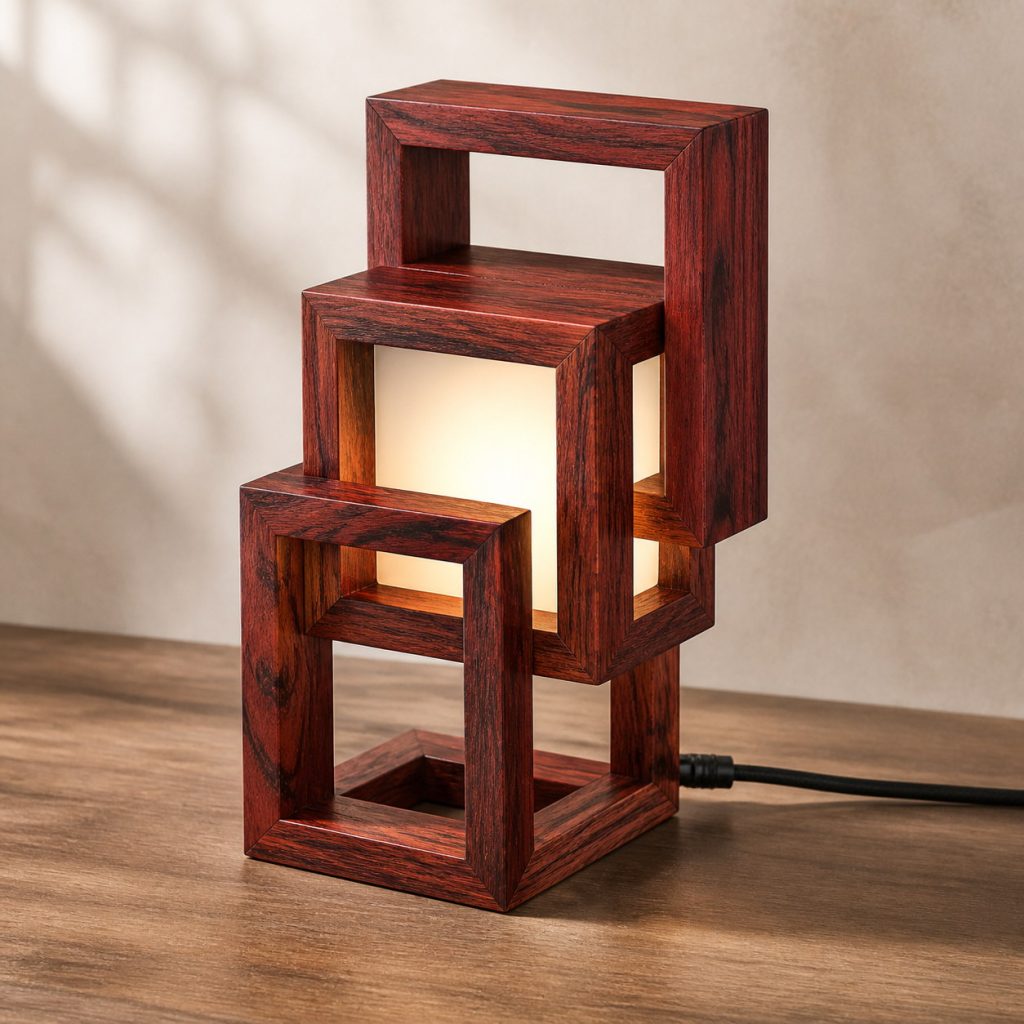Bubinga Nested-Cube Lamp shown as an original square photorealistic bubinga wood lamp with natural rose-red to reddish-brown grain, distinctive construction, and warm diffused light