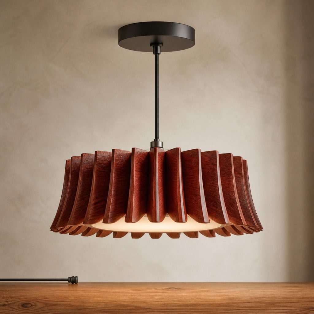 Bubinga Radial-Fin Pendant shown as an original square photorealistic bubinga wood lamp with natural rose-red to reddish-brown grain, distinctive construction, and warm diffused light