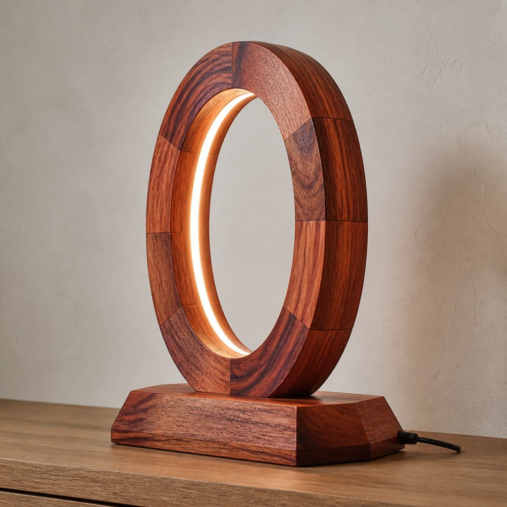Bubinga Segmented-Oval Lamp shown as an original square photorealistic bubinga wood lamp with natural rose-red to reddish-brown grain, distinctive construction, and warm diffused light