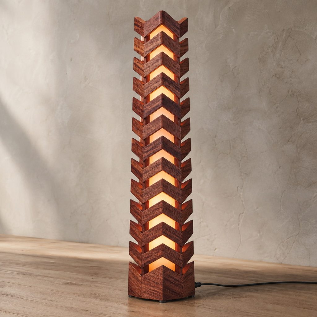 Bubinga Chevron Tower Lamp shown as an original square photorealistic bubinga wood lamp with natural rose-red to reddish-brown grain, distinctive construction, and warm diffused light