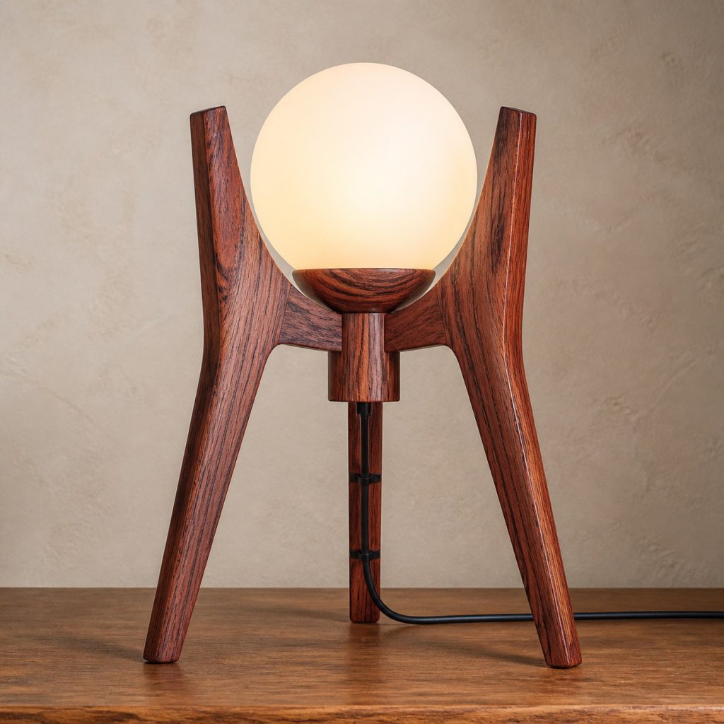 Bubinga Tripod-Globe Lamp shown as an original square photorealistic bubinga wood lamp with natural rose-red to reddish-brown grain, distinctive construction, and warm diffused light