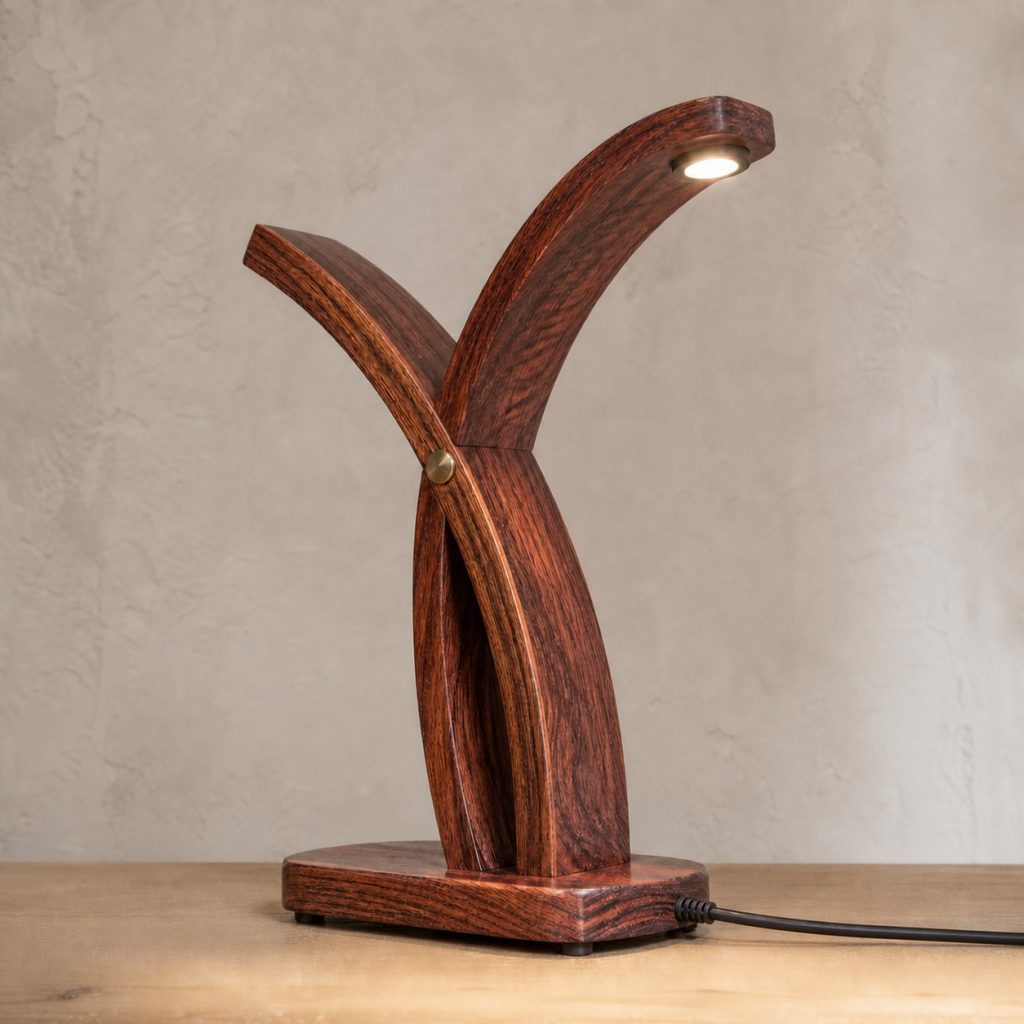 Bubinga Crossed-Arc Lamp shown as an original square photorealistic bubinga wood lamp with natural rose-red to reddish-brown grain, distinctive construction, and warm diffused light