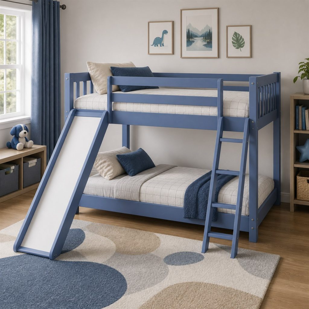 White Loft Bed with Side Slide shown as a square photorealistic bunk bed with slide and storage room visualization