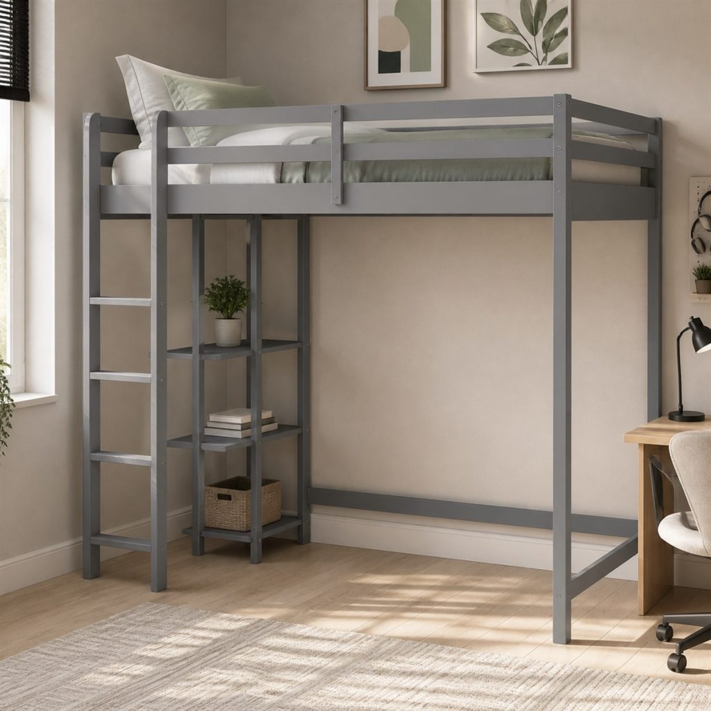 Natural Wood Bunk with Drawer Stairs shown as a square photorealistic bunk bed with slide and storage room visualization