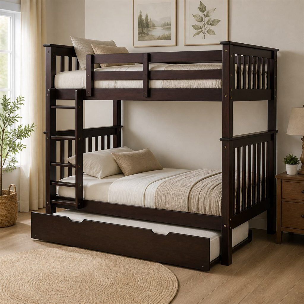 Gray Loft with Slide and Play Nook shown as a square photorealistic bunk bed with slide and storage room visualization