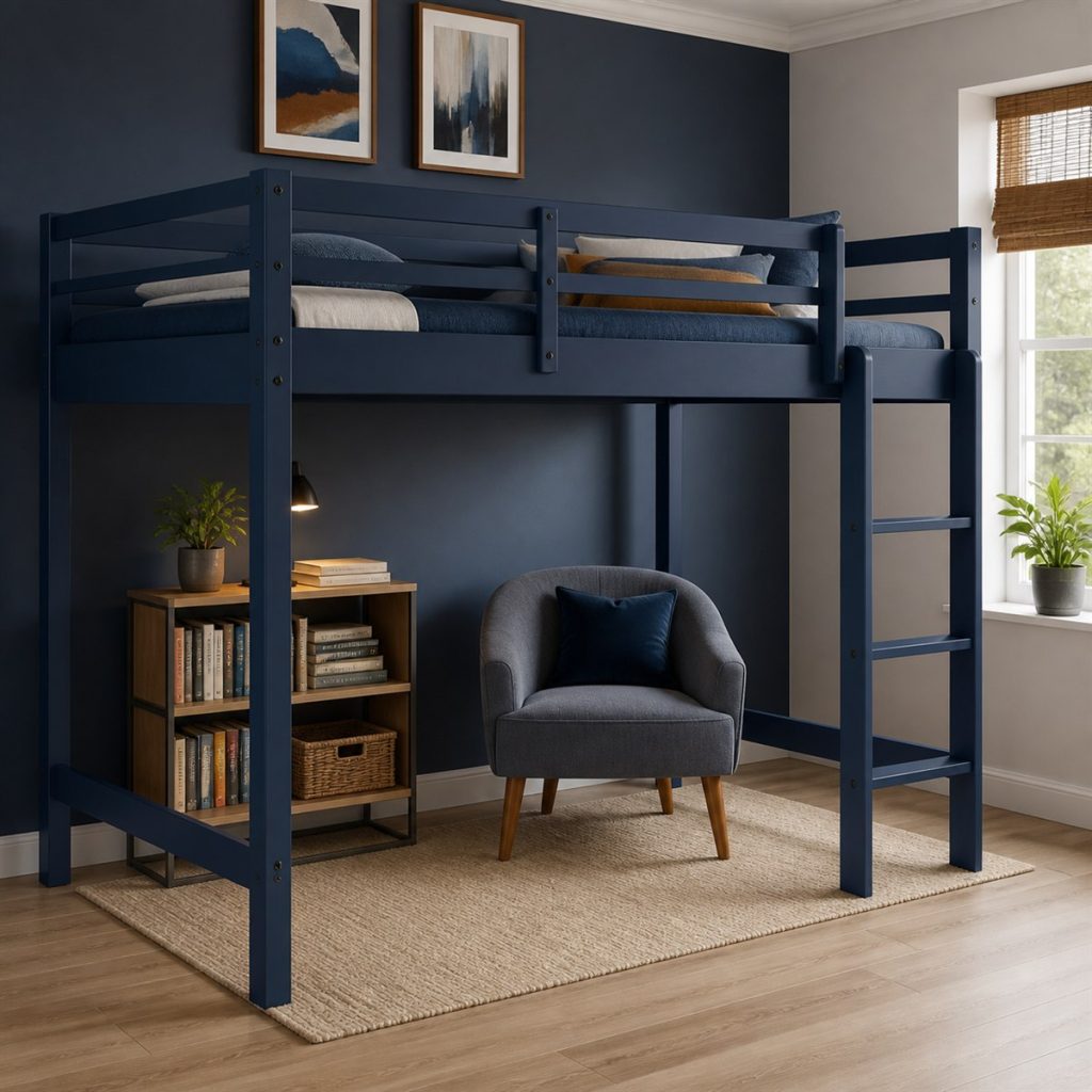 House Bunk with Bookcase Storage shown as a square photorealistic bunk bed with slide and storage room visualization