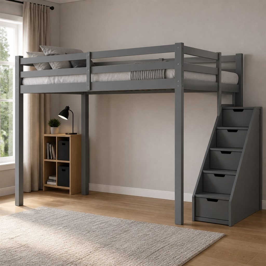 Oak Loft with Desk and Short Slide shown as a square photorealistic bunk bed with slide and storage room visualization