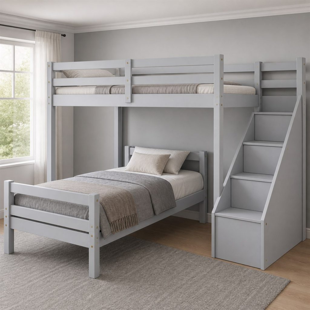 Blue Bunk with Staircase Drawers shown as a square photorealistic bunk bed with slide and storage room visualization