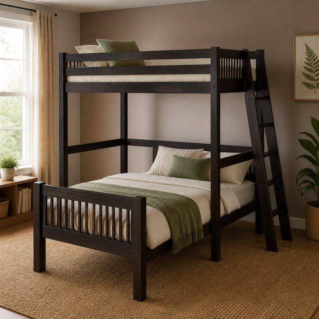 Twin Loft with Reading Den shown as a square photorealistic bunk bed with slide and storage room visualization