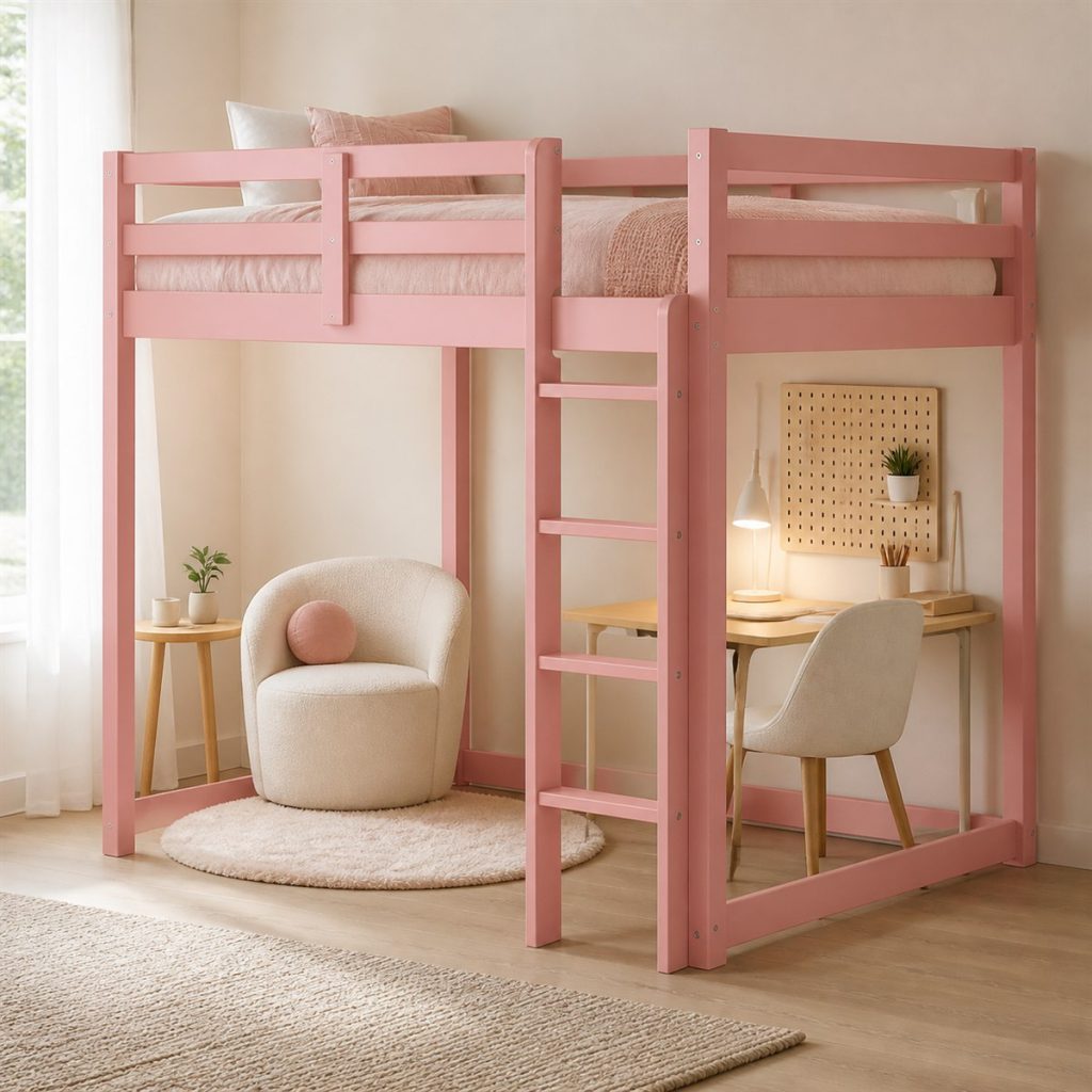 White Bunk with Trundle and Slide shown as a square photorealistic bunk bed with slide and storage room visualization