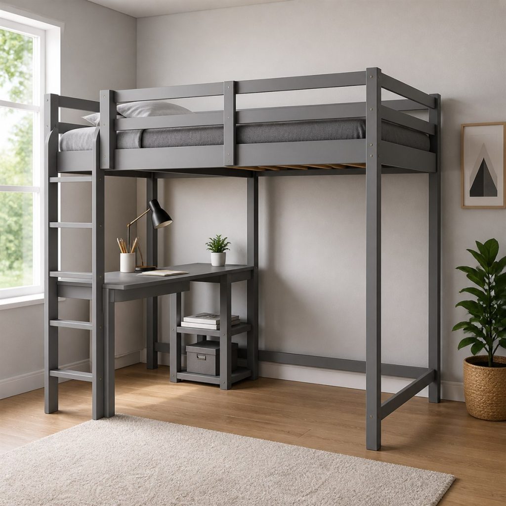 Walnut Loft with Cabinet Base shown as a square photorealistic bunk bed with slide and storage room visualization