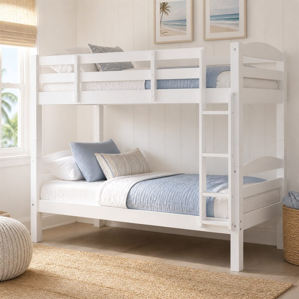 Modern Bunk with Slide Landing Zone shown as a square photorealistic bunk bed with slide and storage room visualization