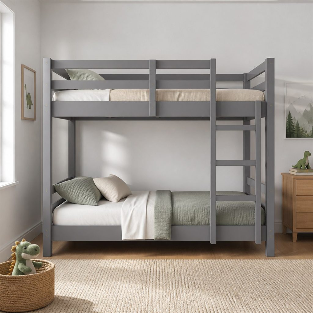 Natural Pine Bunk with Front Ladder shown as a square photorealistic kids room bunk bed visualization
