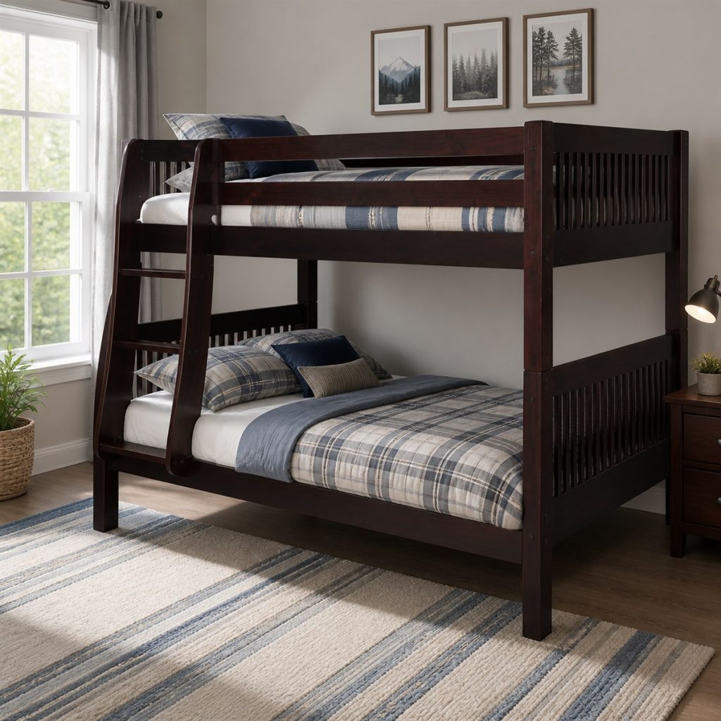 Gray House-Frame Bunk Bed shown as a square photorealistic kids room bunk bed visualization