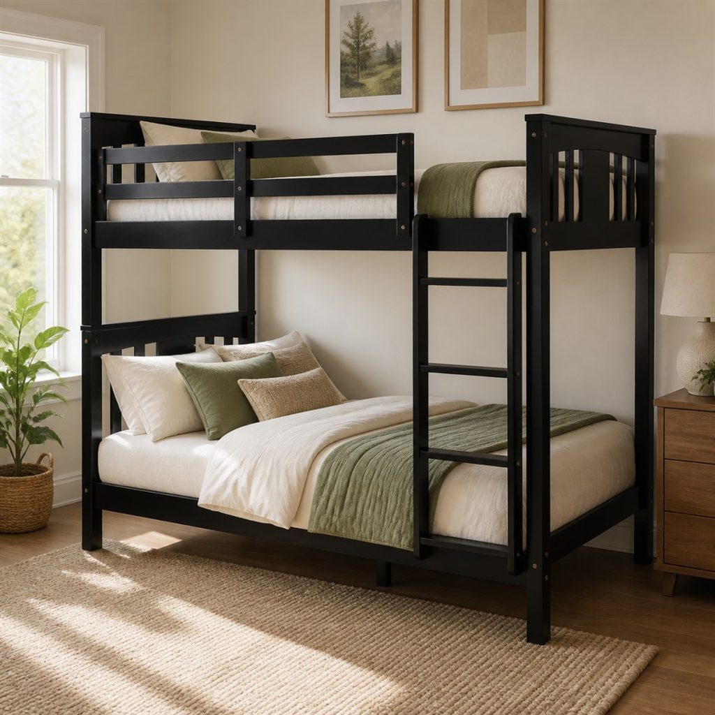 Navy Twin-over-Full Kids Bunk shown as a square photorealistic kids room bunk bed visualization