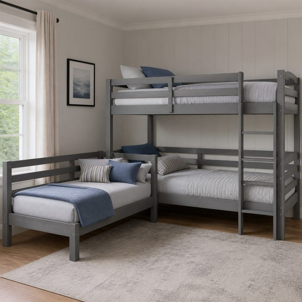 Oak Bunk with Bookcase End shown as a square photorealistic kids room bunk bed visualization