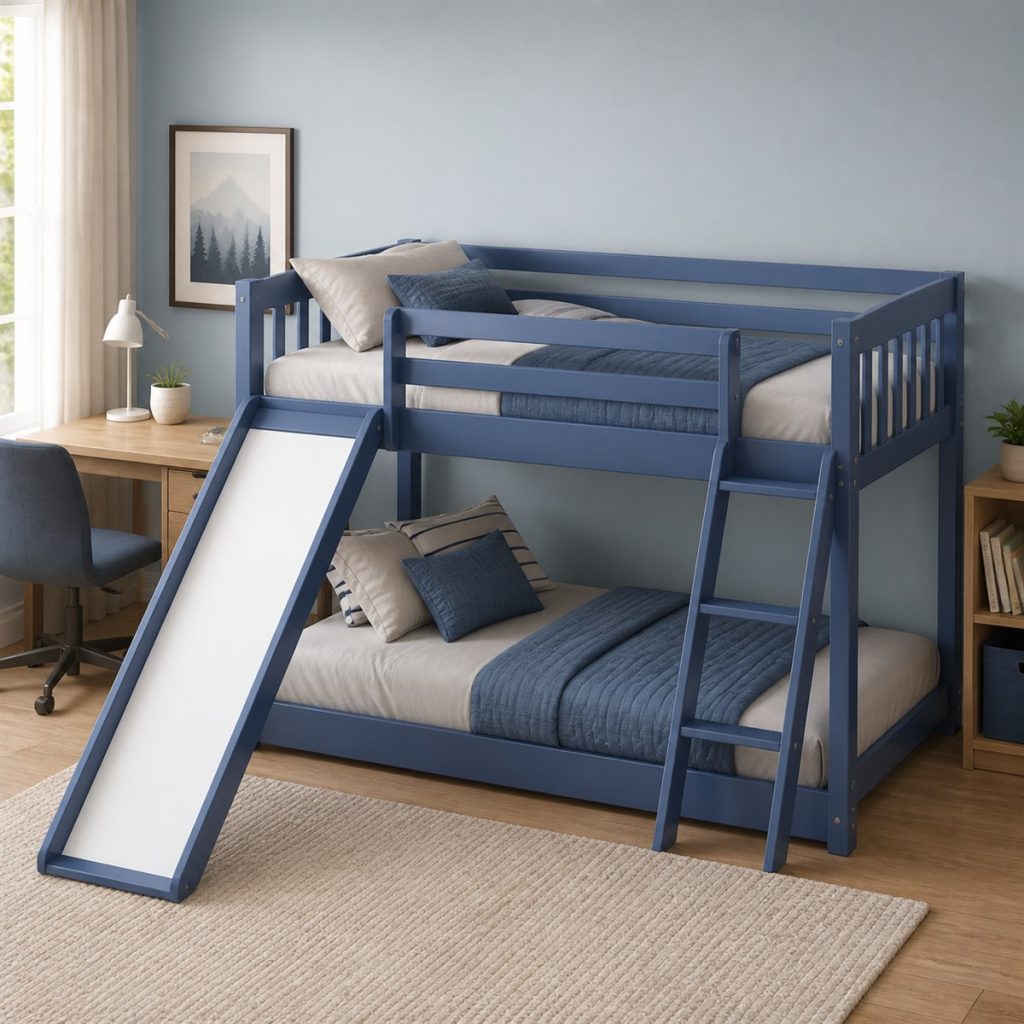 Walnut Bunk with Angled Ladder shown as a square photorealistic kids room bunk bed visualization