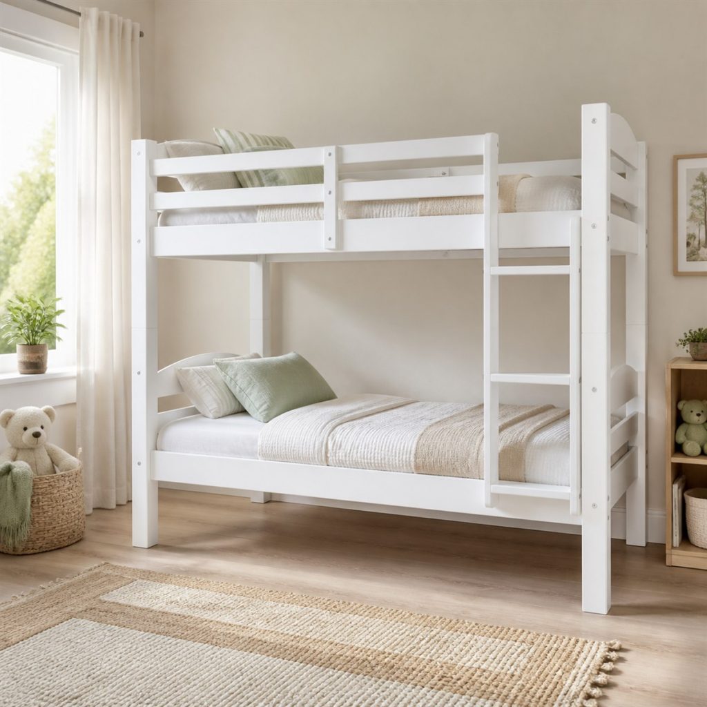 Black Metal Bunk in a Bright Room shown as a square photorealistic kids room bunk bed visualization
