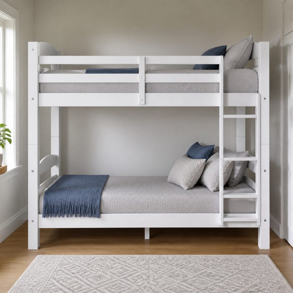 White Twin Bunk with Straight End Ladder shown in a square photorealistic small bedroom bunk bed frame visualization