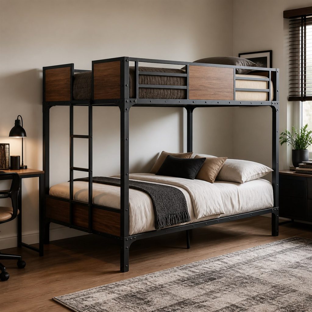 Oak Loft with a Shallow Worktop shown in a square photorealistic small bedroom bunk bed frame visualization